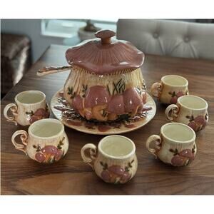 Vintage Arnels Mushroom Soup Tureen Set With 6 Mugs 1970s Ceramic
